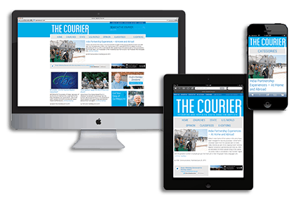 The Courier website homepage on a desktop, tablet, and mobile phone